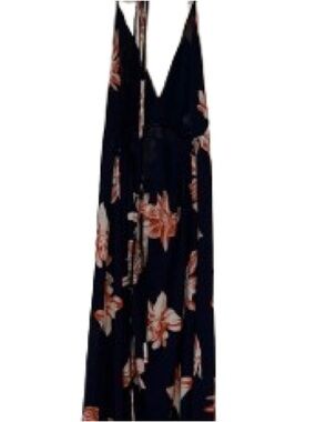 Simplee Womens Navy Floral Halter Maxi Dress Deep V-Neck and High Slit